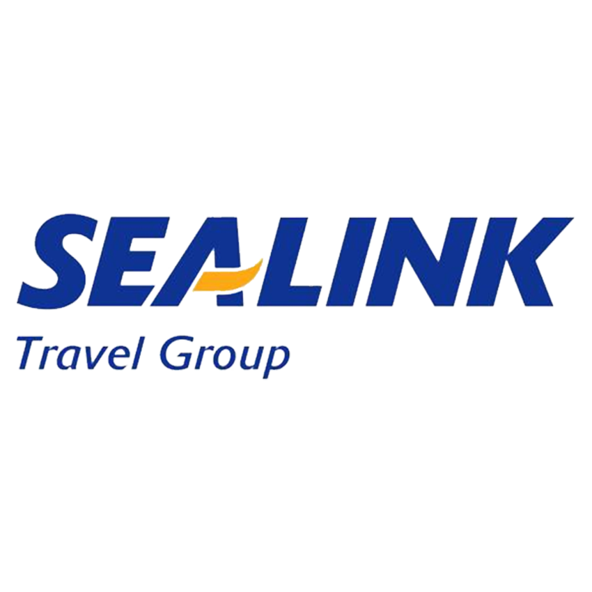 Logo of SEALINK Travel Group with blue text and an orange and yellow stylized arrow.
