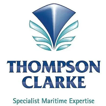 Logo for Thompson Clarke featuring a stylized blue wave and sea elements with the company name and tagline 'Specialist Maritime Expertise'.