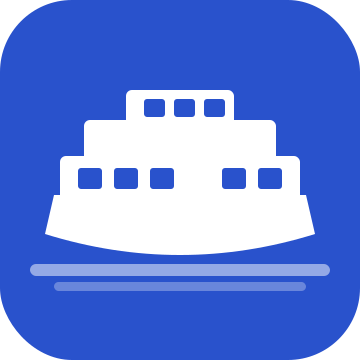 App icon of a cruise ship with three decks, on a blue background.
