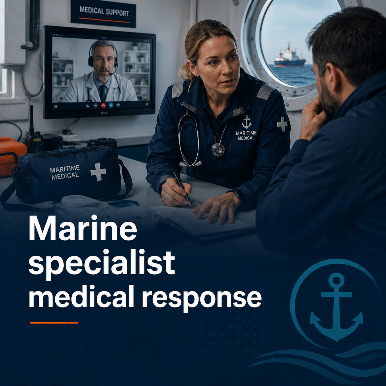 A female maritime medical professional in uniform consulting with a male patient on a ship, with a doctor on a video call on a screen in the background and medical equipment on a table, under a sign labeled "Medical Support."