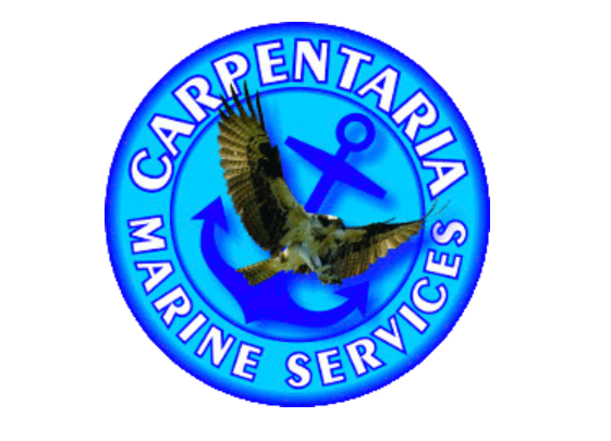 Logo for Carpentaria Marine Services featuring a bird flying over a blue anchor and waves, with blue circular text.