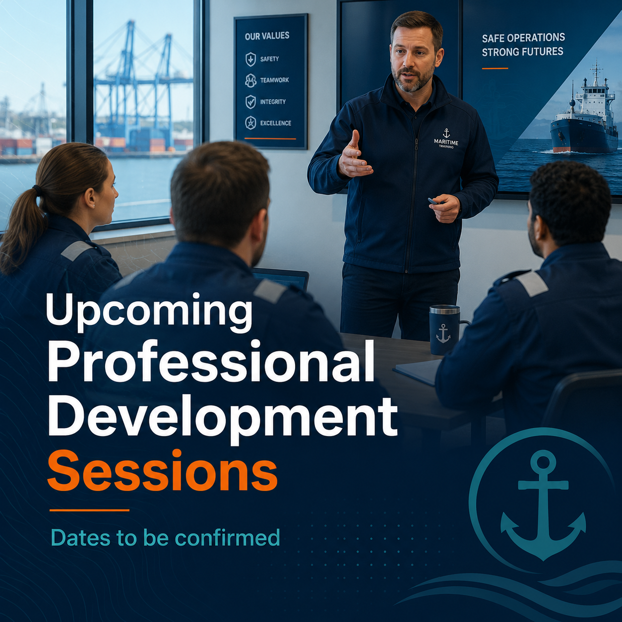 A man in a maritime training uniform giving a presentation to a group of people in similar uniforms in a conference room overlooking a harbor with ships.