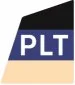 PLT logo with black, blue, and beige color blocks