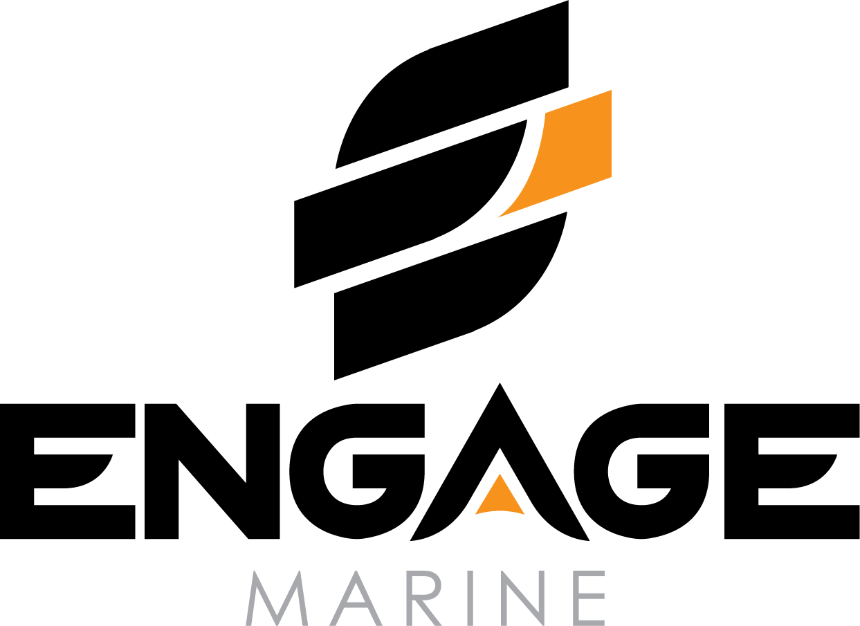 Logo with stylized black and orange graphic above the word "ENGAGE" in bold black letters, with "MARINE" in gray below.