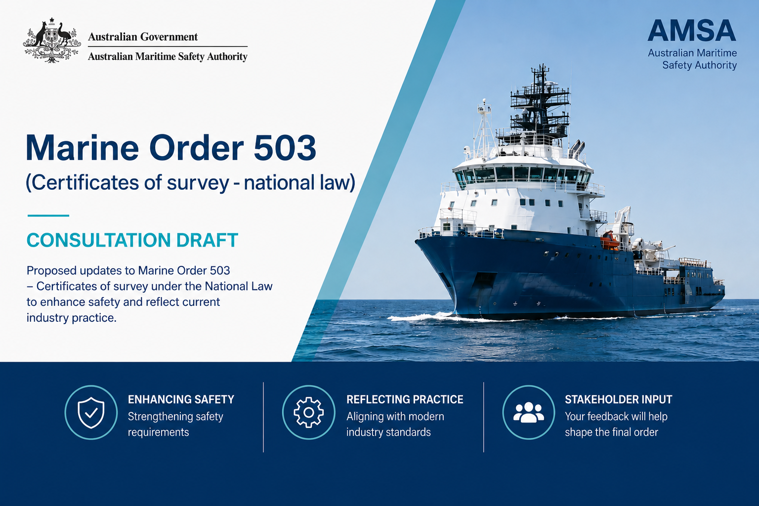 Cover page of a consultation document for Marine Order 503 by the Australian Maritime Safety Authority, featuring a large ship on the ocean and icons representing safety, industry standards, and stakeholder input.