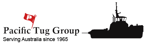 Logo for Pacific Tug Group featuring a red flag and a tugboat silhouette.