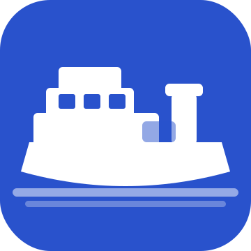 Icon of a cargo ship or container ship on water with a blue background.