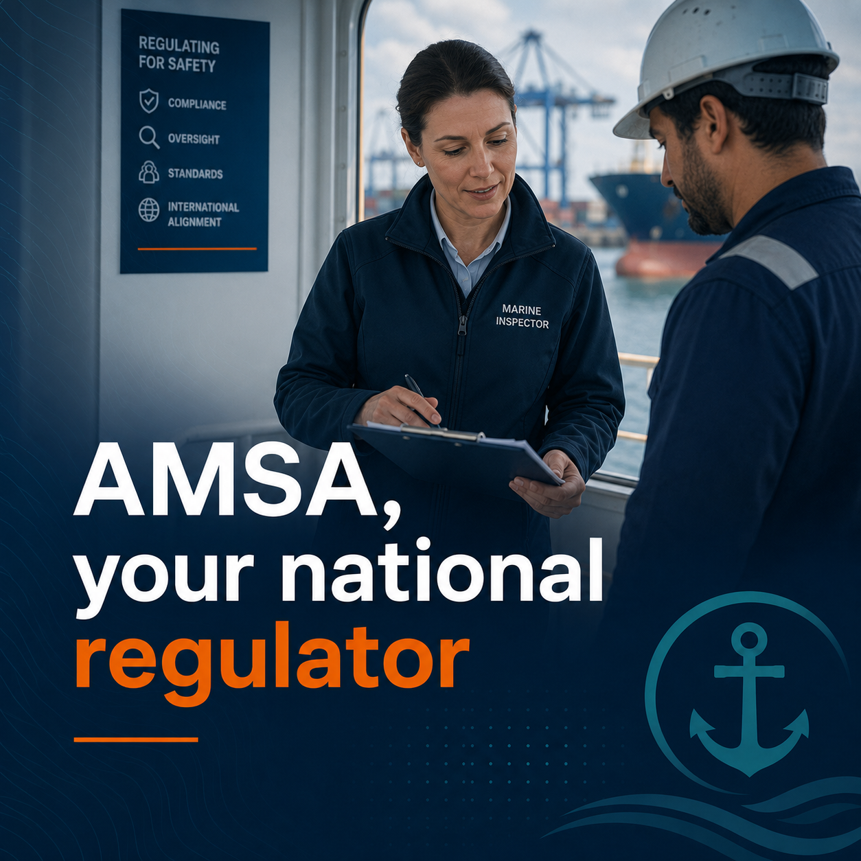 Two maritime inspectors, one woman and one man, reviewing documents aboard a ship with port and crane in the background.