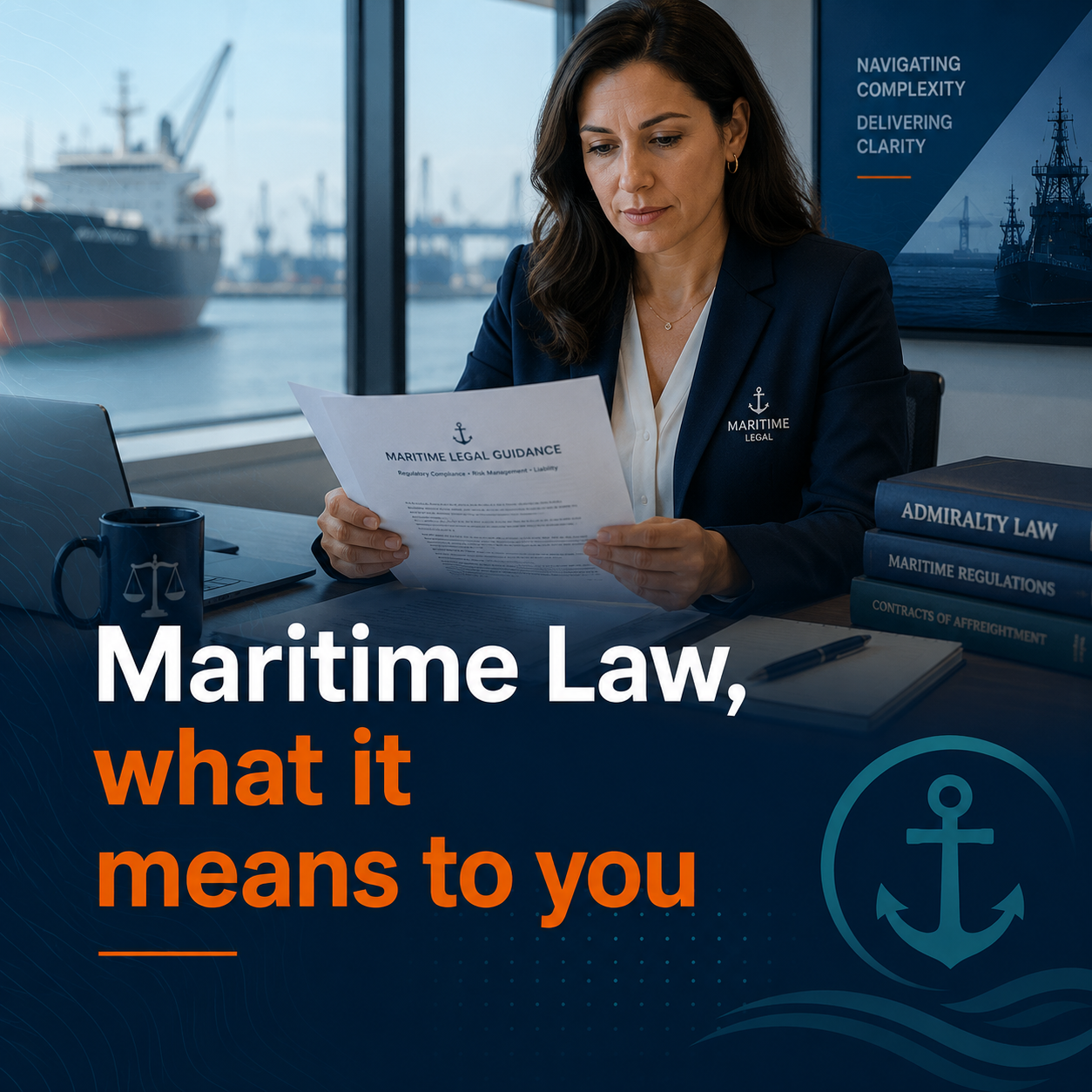 A woman in a navy blazer with maritime legal insignia sits at a desk reading a legal guidance document. Behind her are large windows overlooking ships in a port. The desk has a laptop, a mug with a scale icon, and stacked maritime law books. The overlay text reads: 'Maritime Law, what it means to you,' with additional maritime-themed graphics.