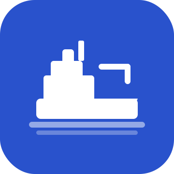 A blue icon featuring a white ship with smoke stacks, representing a ferry or cruise ship.
