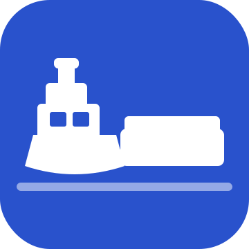 Icon of a cargo ship with containers on the bright blue background.