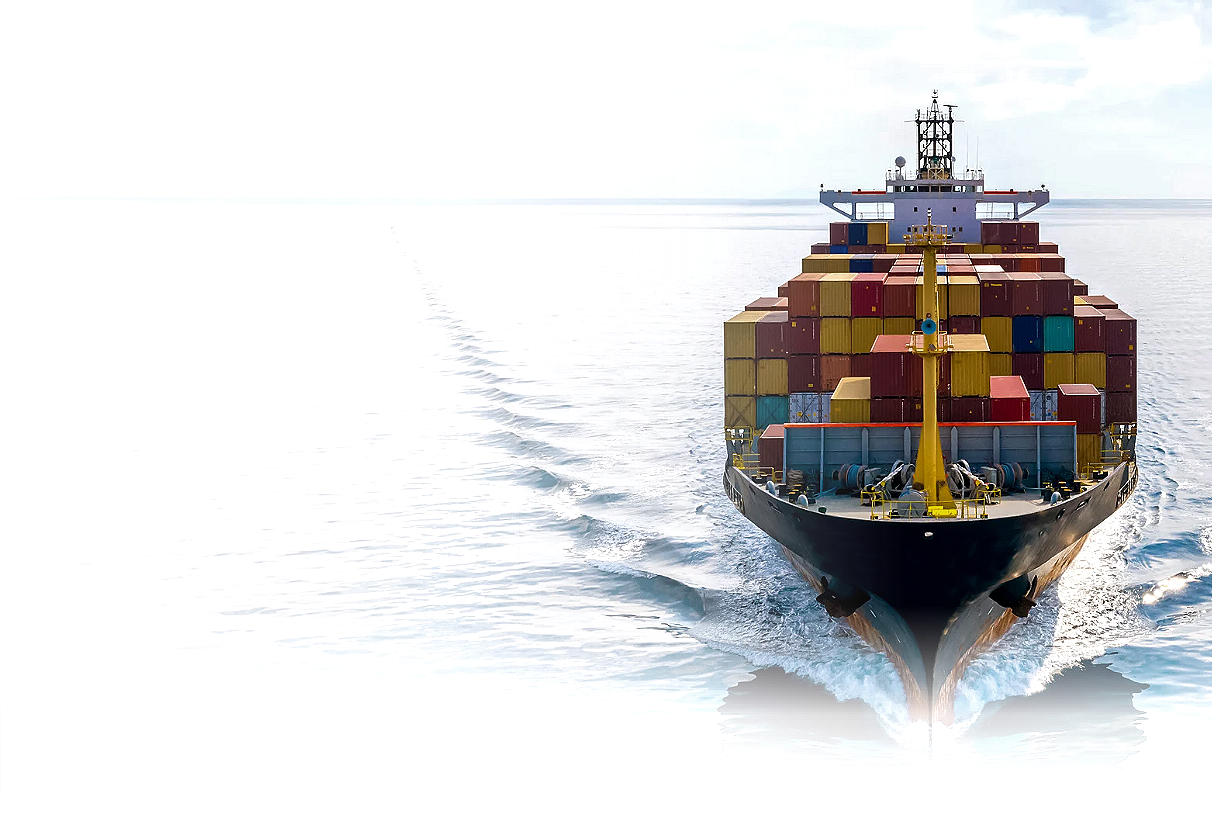 A cargo ship sailing on the water with containers stacked on its deck, creating a wake behind it.