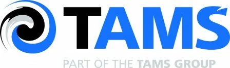 TAMS logo with a blue spiral symbol and the text 'TAMS' in black and blue, with smaller light gray text 'Part of the TAMS Group' underneath.