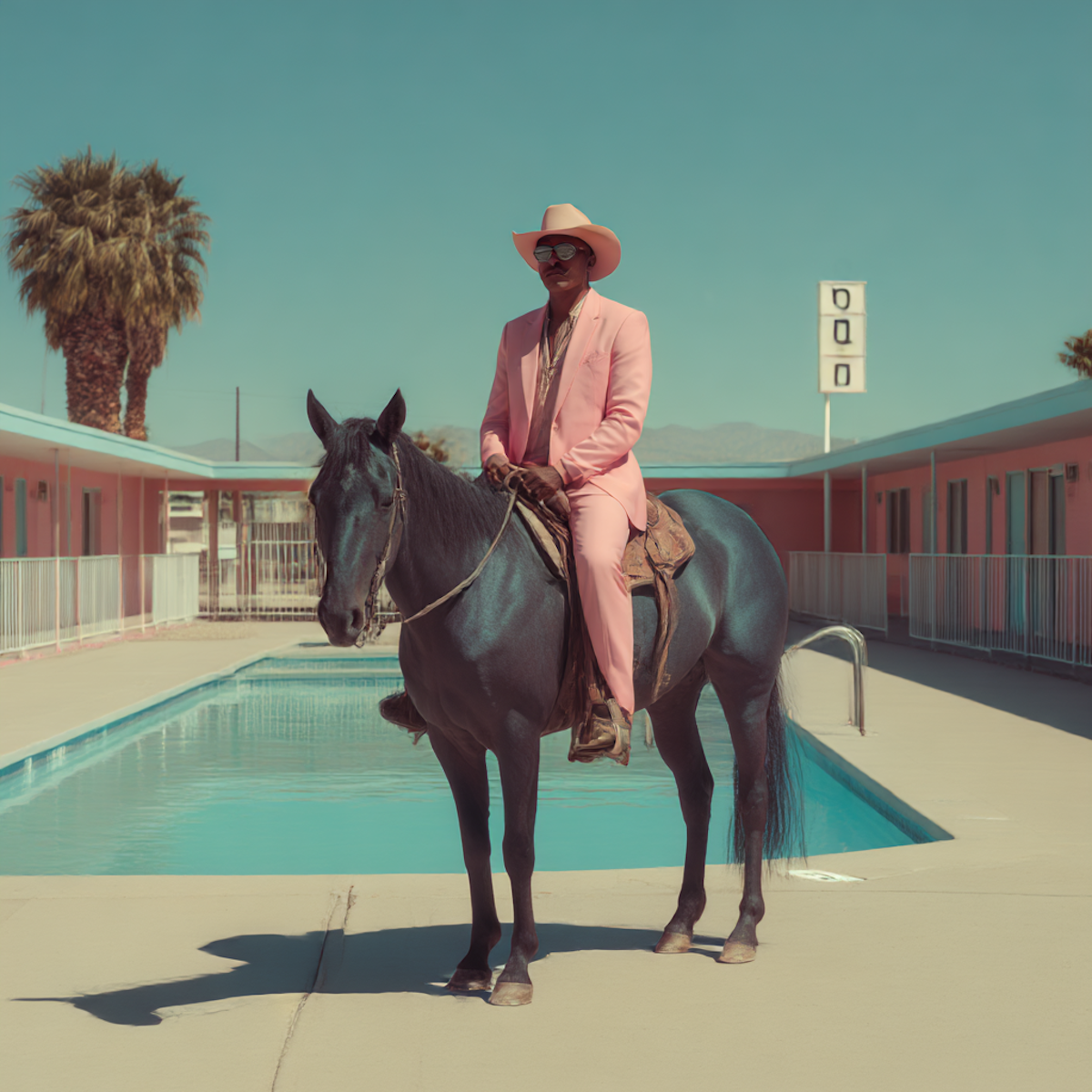 A person in a pink suit, cowboy hat, and sunglasses sitting on a black horse beside an empty swimming pool with a building and palm trees in the background.