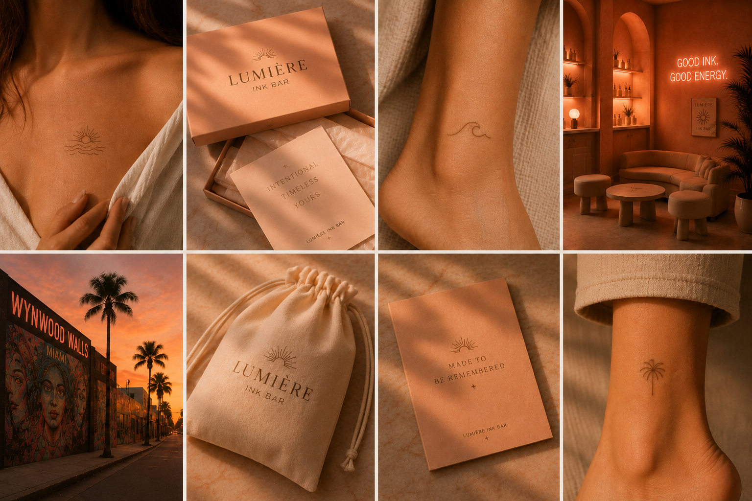 Collage of images including a woman with a small tattoo on her chest, a pink box and beige packaging with the Lumière Ink Bar logo and motivational phrases, a close-up of a woman’s ankle with a small tattoo of a wave, a cozy indoor lounge with a neon sign that reads 'Good Ink. Good Energy,' a sunset street scene with palm trees and an art mural, a drawstring pouch with the Lumière Ink Bar logo, a pink card with the phrase 'Made to be Remembered,' and a woman’s ankle with a palm tree tattoo and rolled-up sleeve.