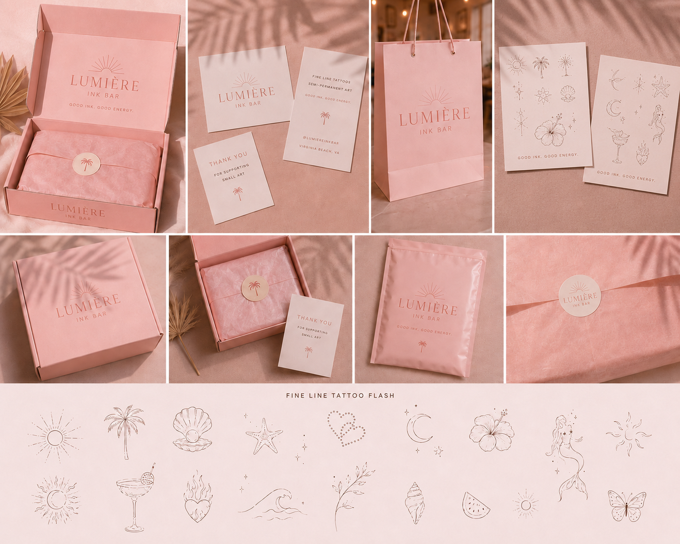 Pink packaging and stationery for Lumière Ink Bar, including boxes, bags, business cards, and tattoo designs with sun, palm tree, seashells, starfish, crescent moon, hibiscus, mermaid, butterfly, and other tropical and oceanic motifs, on a pink background.