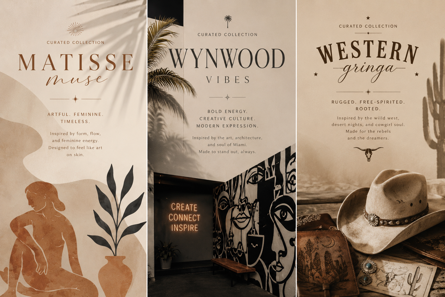Collage of three images showcasing curated collection posters with desert and bohemian themes, including text descriptions and decorative elements like a hat, jewelry, and artwork.