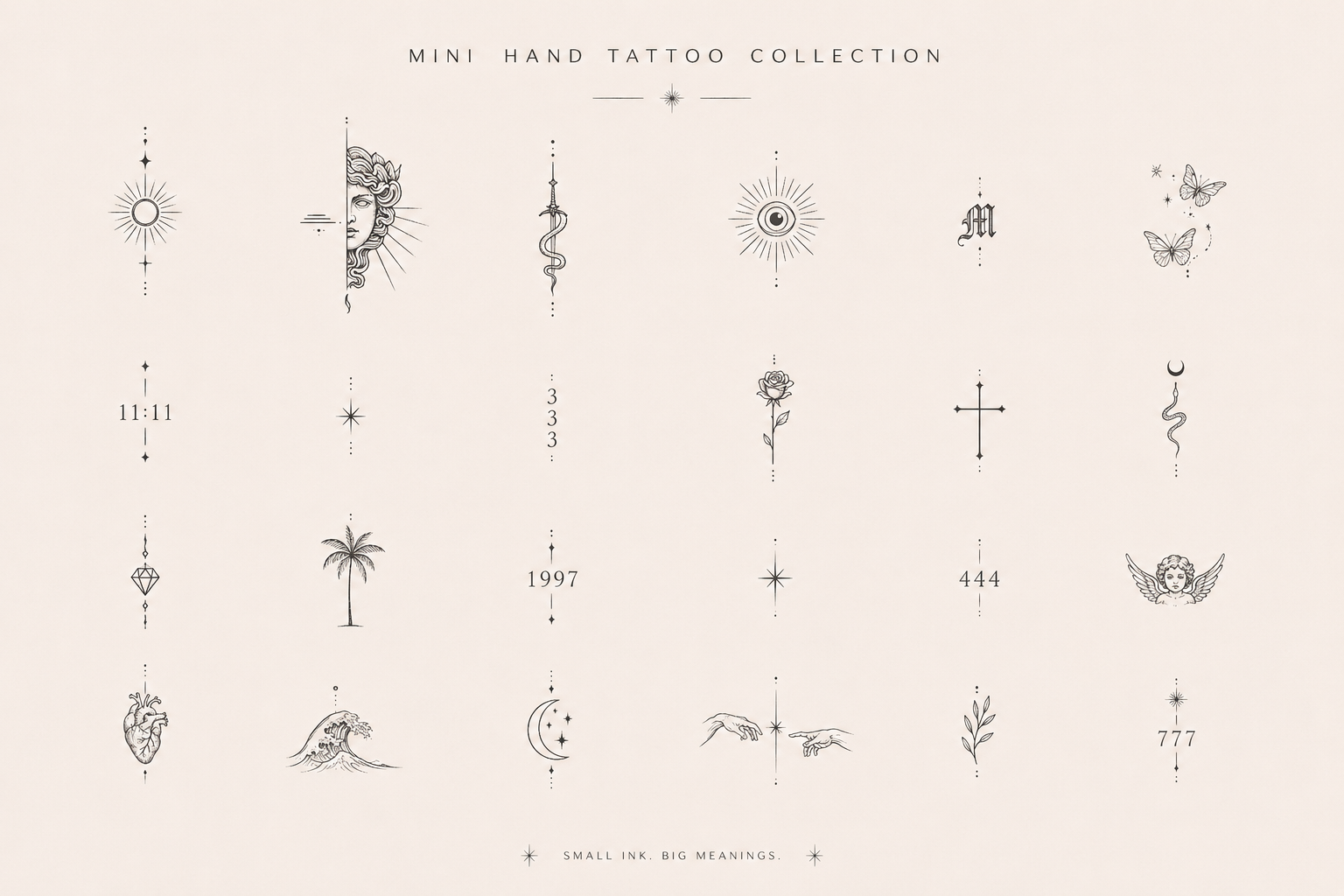 A collection of minimalist black line tattoos themed around symbols, nature, and spirituality, arranged in a grid with the title 'Mini Hand Tattoo Collection' and the subtitle 'Small ink. Big meanings.'