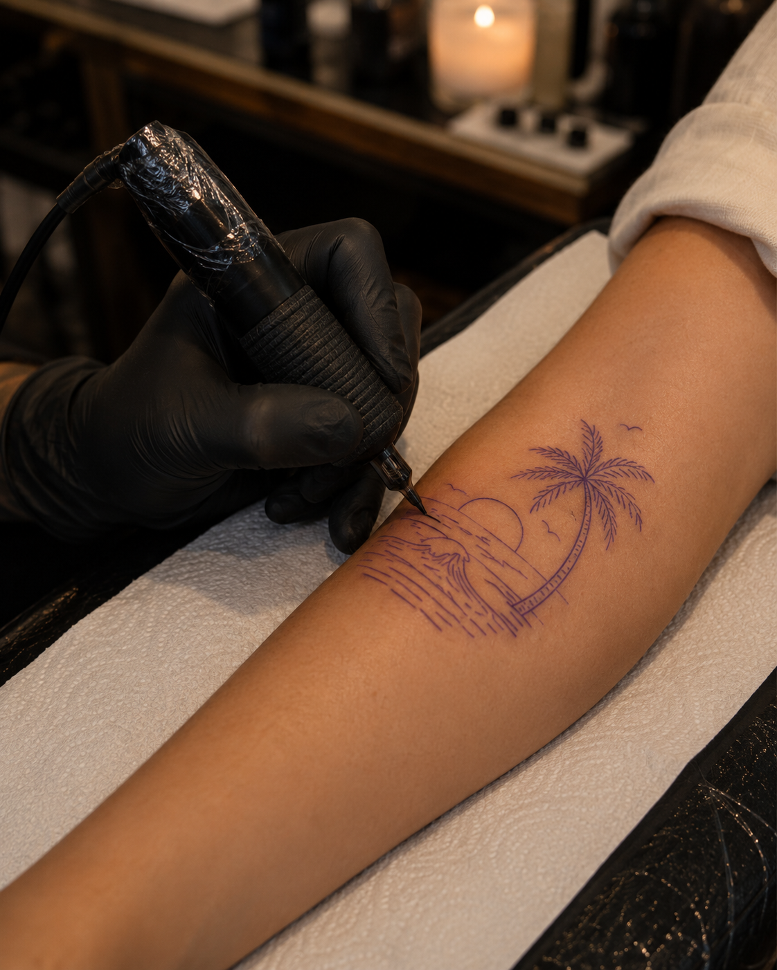 A person's arm with a tattoo of a tropical beach scene, including a palm tree and a setting sun, being outlined with a tattoo machine in a tattoo parlor.