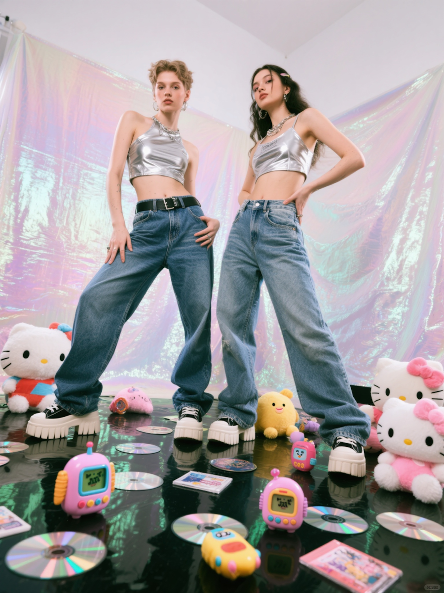 Two young women pose in a room decorated with holographic curtains, wearing metallic crop tops and baggy jeans. The floor is scattered with CDs, toy phones, plush Hello Kitty dolls, and other colorful toys, creating a playful, retro-inspired scene.