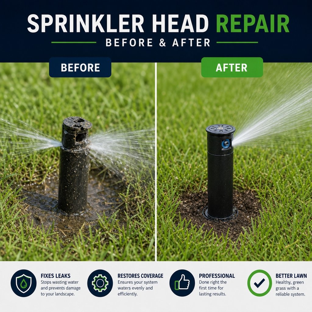 Comparison of a damaged sprinkler head before and after repair, with text explaining the benefits of a professional lawn sprinkler head repair system.
