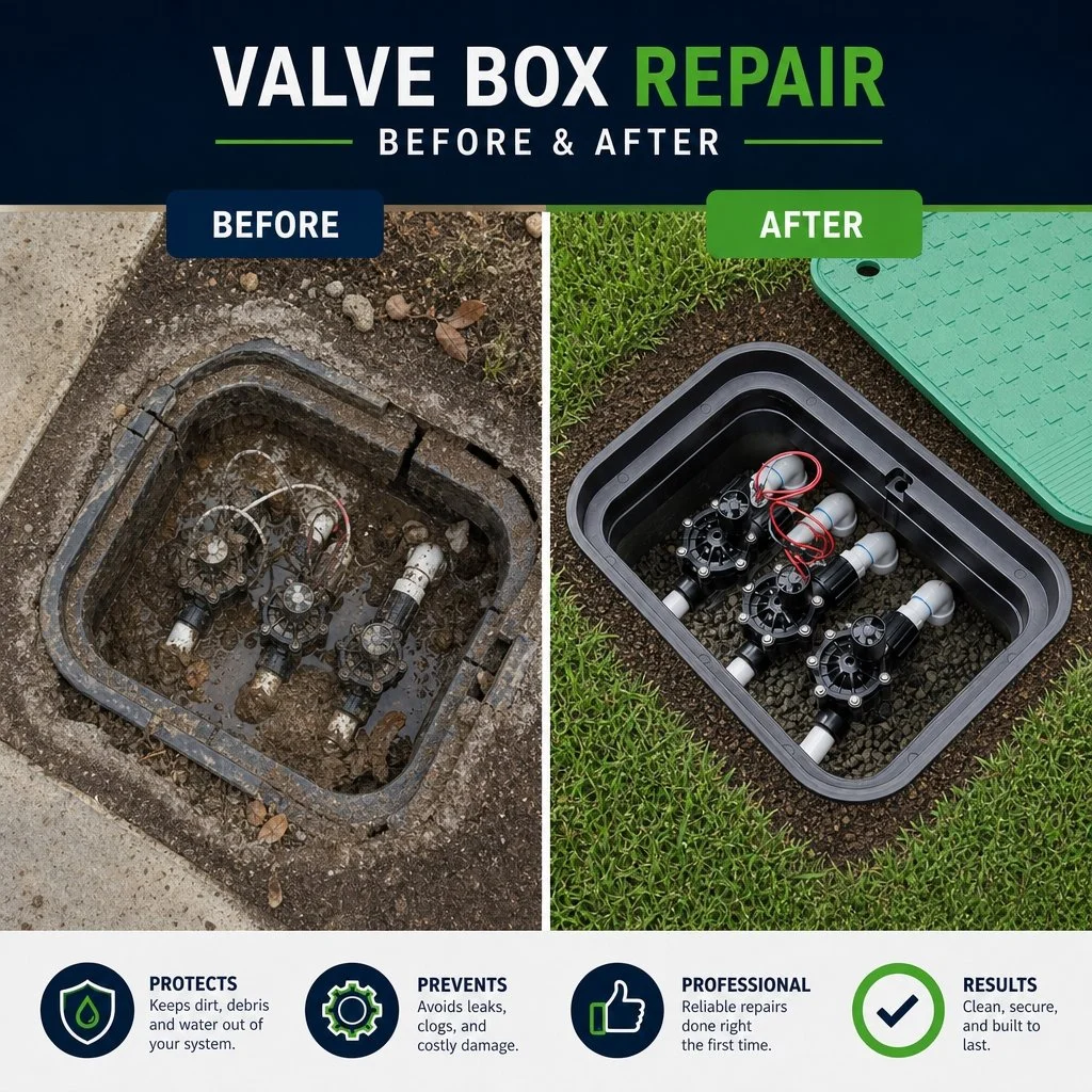Side-by-side comparison of a damaged valve box before and a repaired valve box after, with icons and text at the bottom describing waterproofing and repair benefits.
