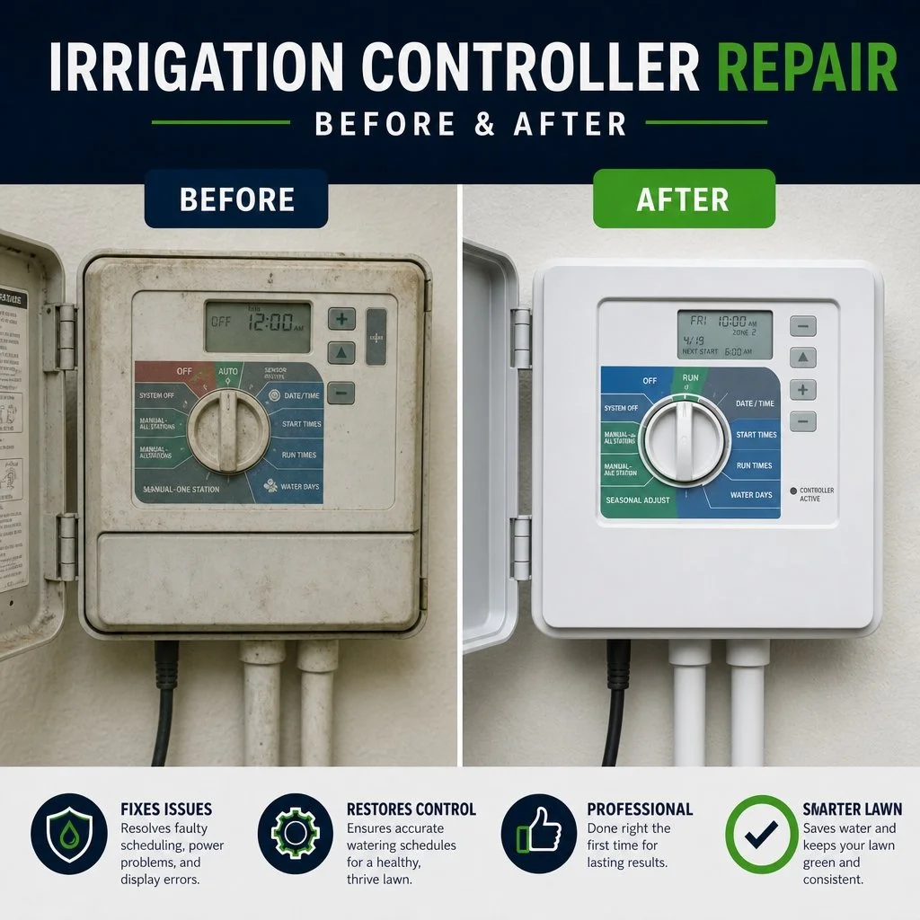 Comparison of an old, dirty irrigation controller on the left with a new, clean irrigation controller on the right, indicating replacement or upgrade for better lawn maintenance.