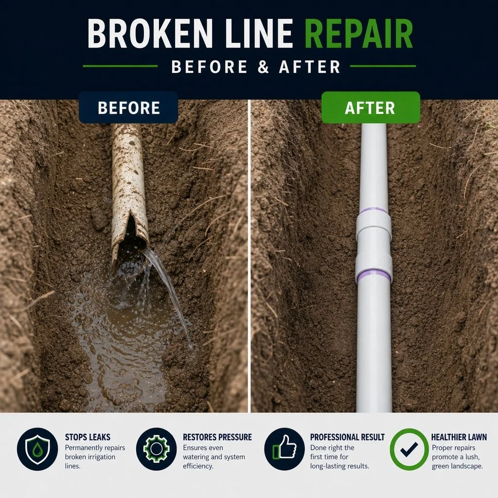 Comparison image showing a broken irrigation pipe before and after repair. On the left, a damaged pipe leaking water; on the right, a new pipe installed in the trench. Diagram emphasizes benefits like stopping leaks, restoring pressure, professional results, and promoting a healthier lawn.