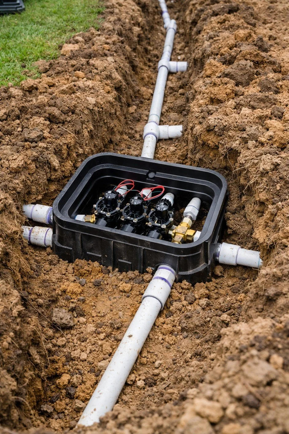 Close-up of an electrical or hydraulic control box installed in a trench with white PVC pipes connected to it.