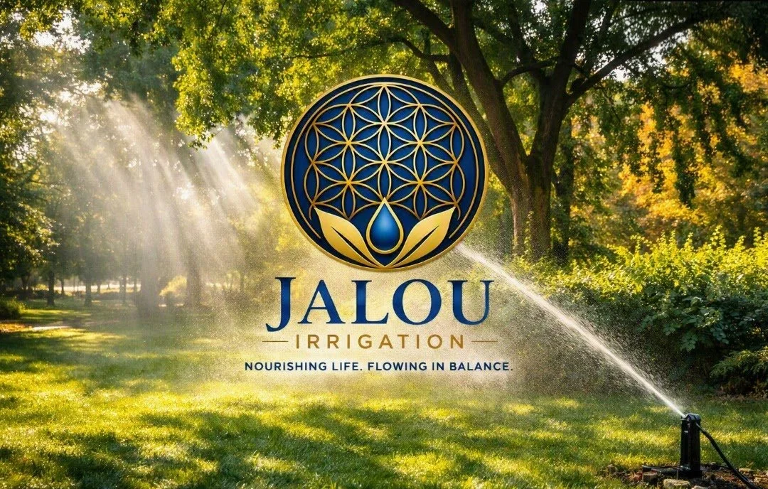 A garden scene with sunlight streaming through trees, a sprinkler watering the grass, and a logo for JALOU Irrigation with a geometric flower and water droplet symbol, along with the tagline 'NOURISHING LIFE. FLOWING IN BALANCE.'