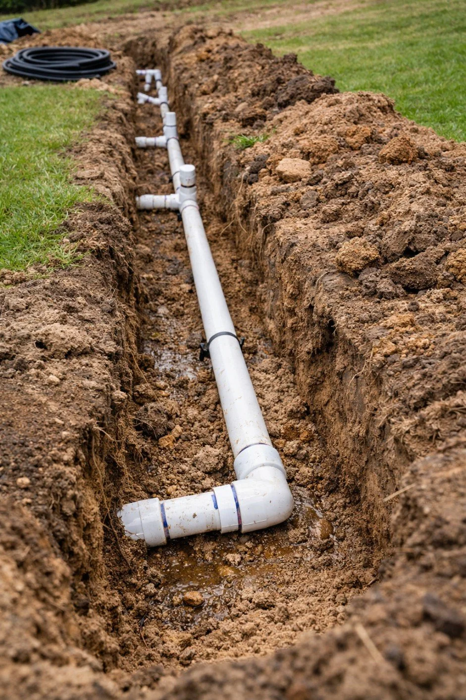 A trench dug into the ground contains white PVC pipes and fittings, with a coiled black hose nearby on the grass.