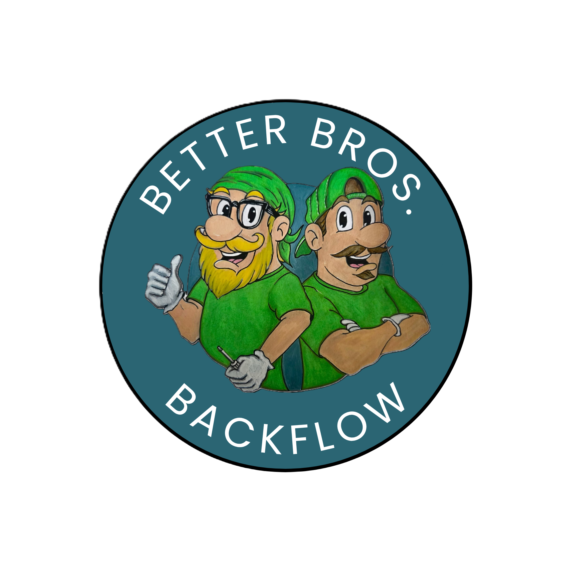 Logo of Better Bros. Backflow LLC, featuring cartoon brothers with green hats and sporting mustaches, giving a thumbs up.