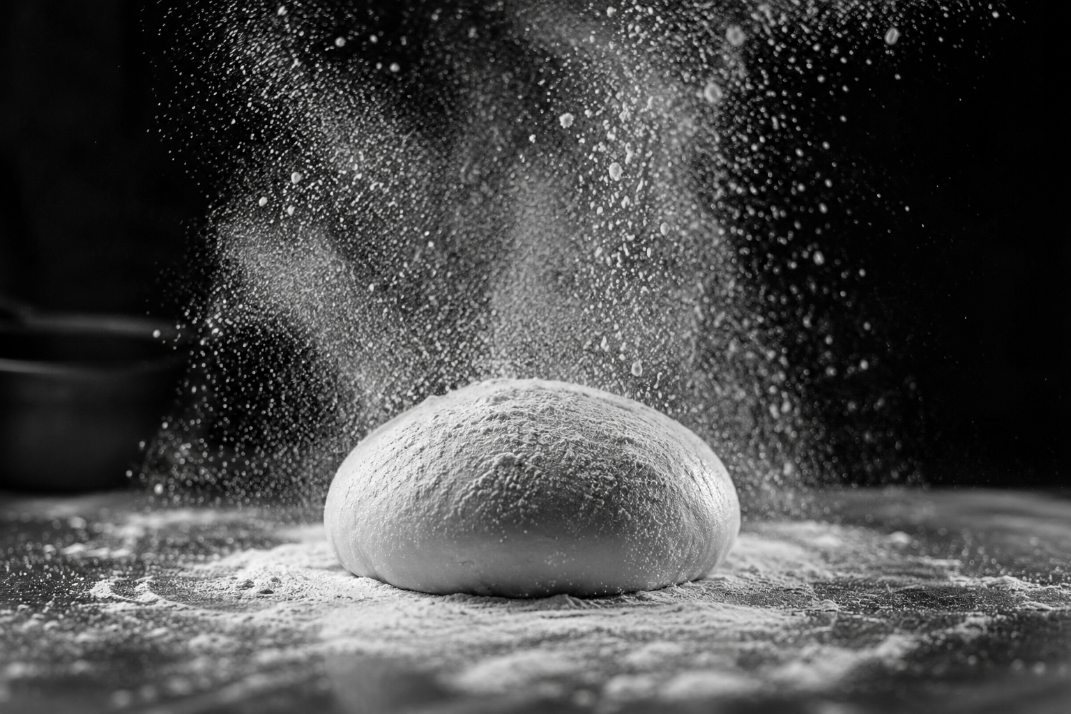 A ball of dough dusted with flour, with flour falling from above onto it, on a floured surface.