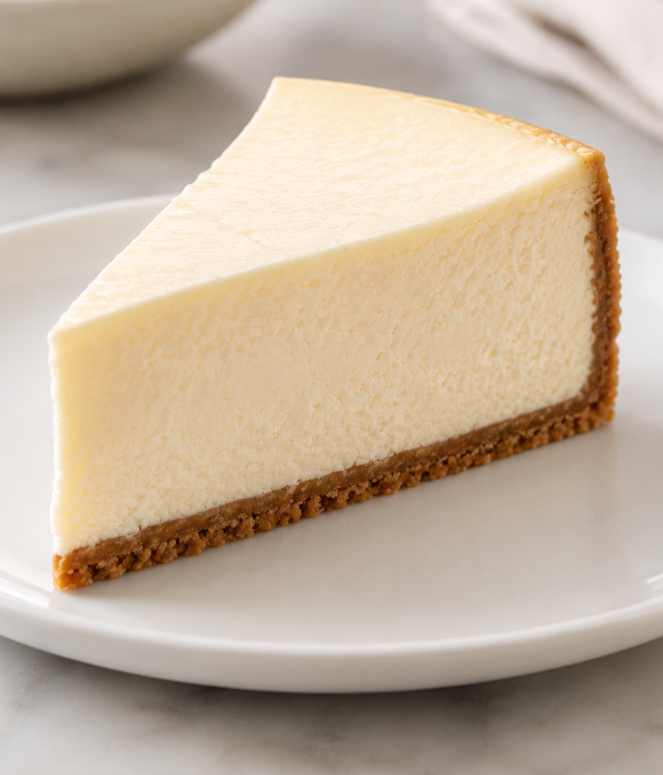 A slice of cheesecake on a white plate with a graham cracker crust and smooth creamy filling