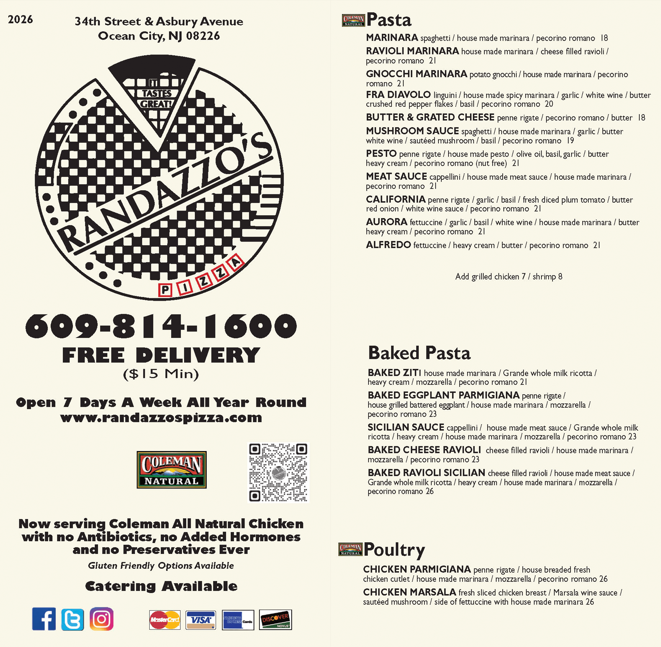 A pizza restaurant menu featuring various pasta dishes and pizza options, with the restaurant's contact information and social media icons.
