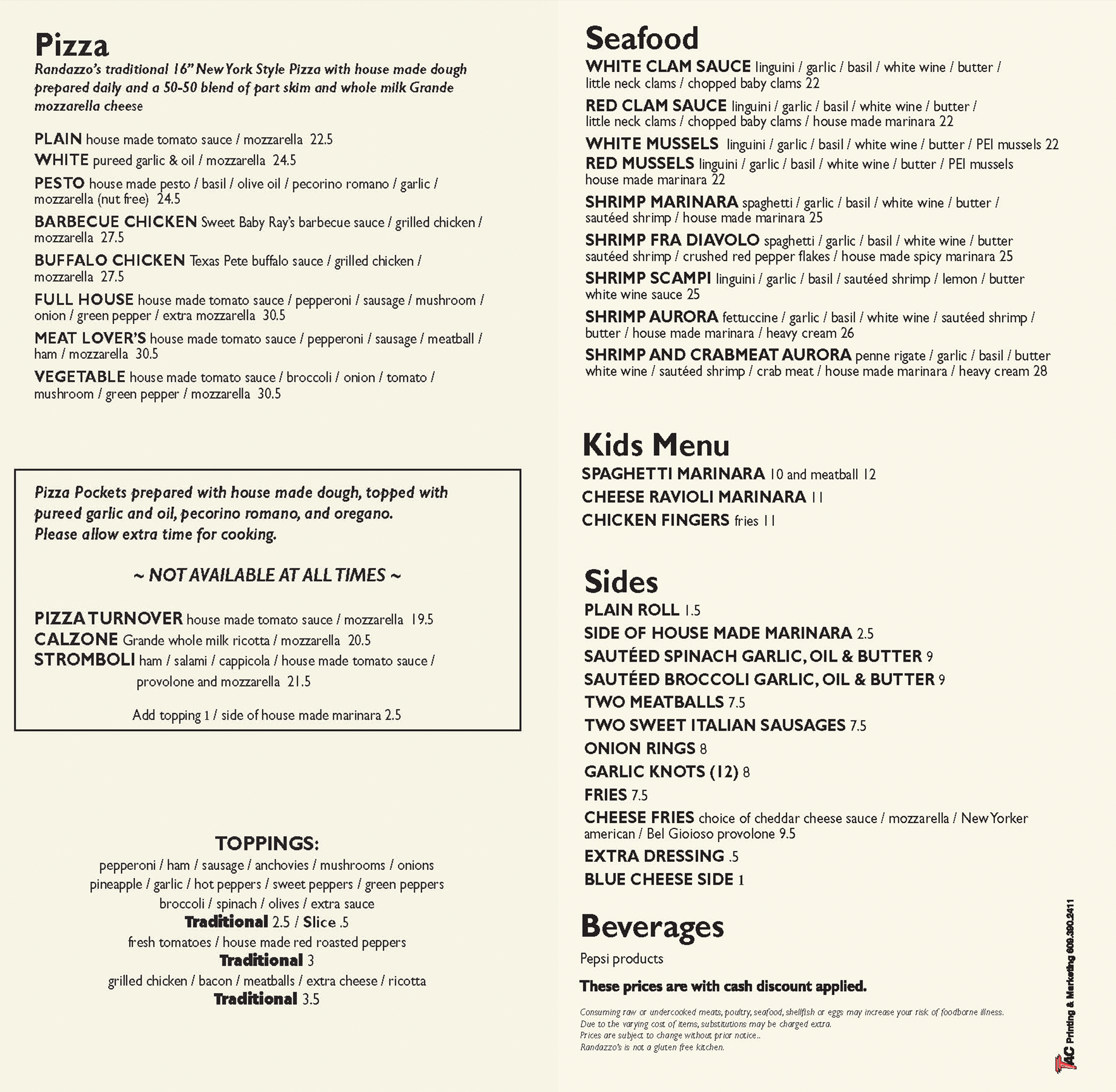 Menu listing various pizzas, seafood dishes, kids menu, sides, and beverages with prices.