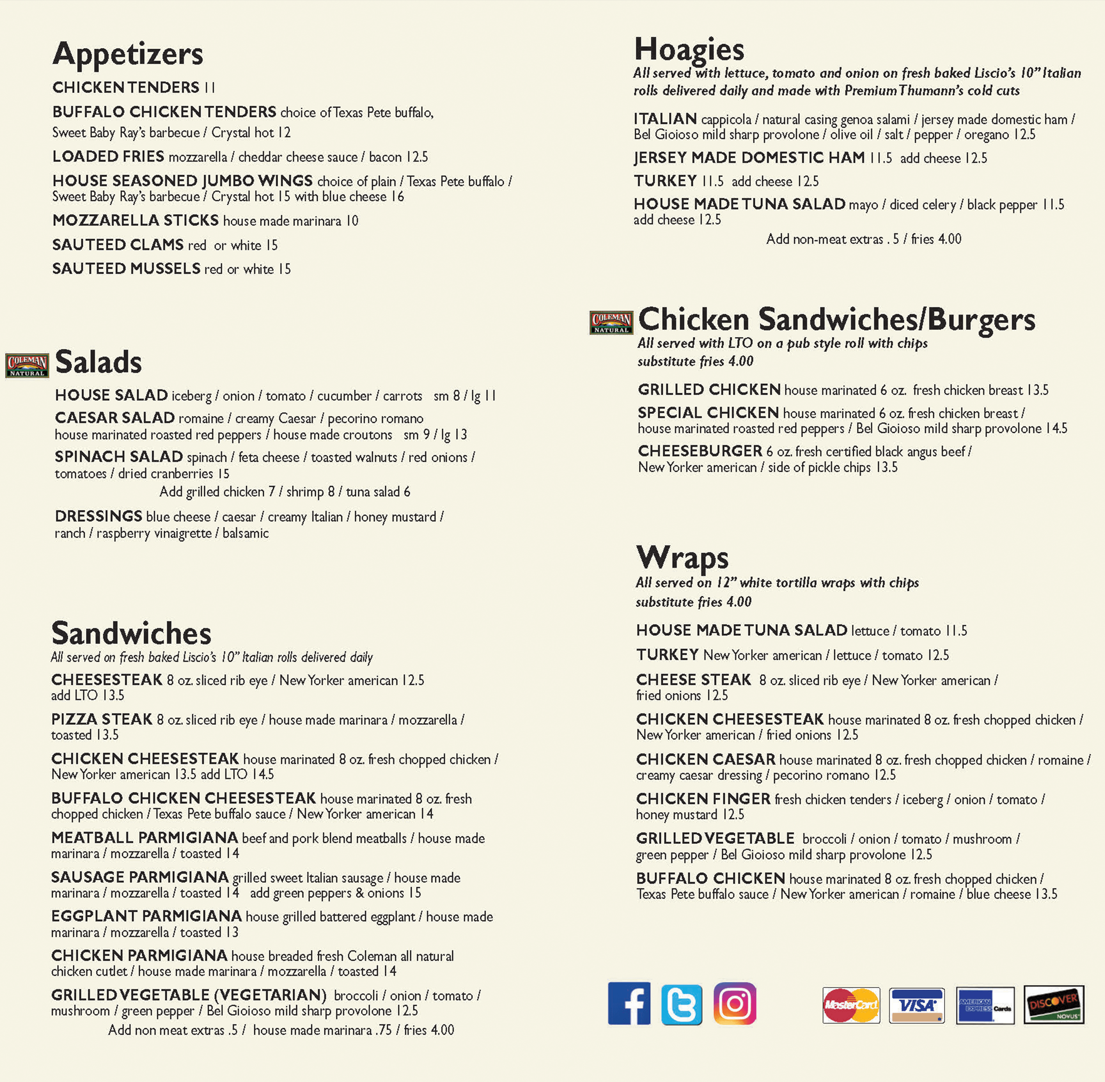 Restaurant menu listing various appetizers, salads, wraps, and chicken dishes with descriptions and prices, along with social media icons and payment method logos at the bottom.