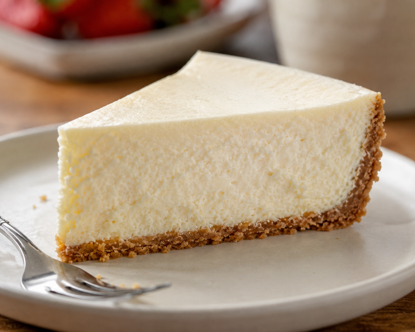 A slice of cheesecake with a graham cracker crust on a white plate, with a fork beside it and a bowl of strawberries in the background.