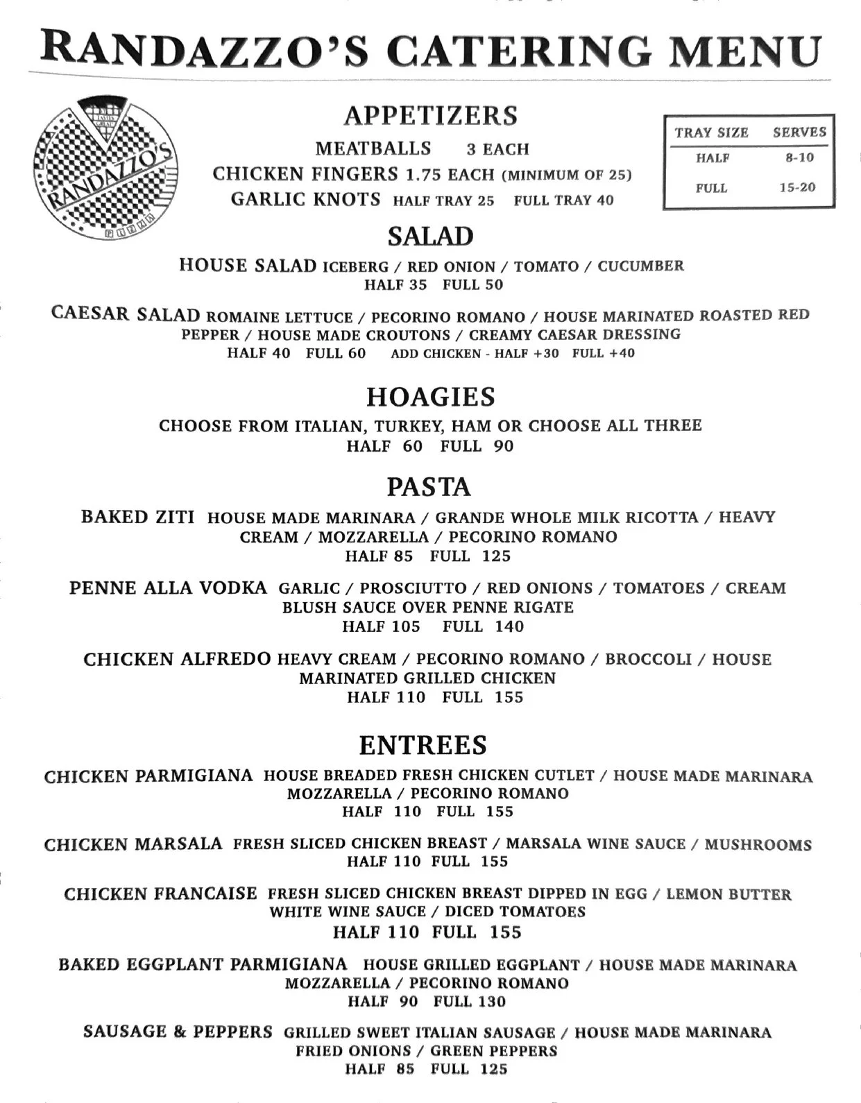 Menu from Randazzo's Catering featuring appetizers, salads, hoagies, pasta, and entrees, with items like meatballs, chicken fingers, Caesar salad, ham hoagie, baked ziti, chicken parmigiana, and sausage with peppers.