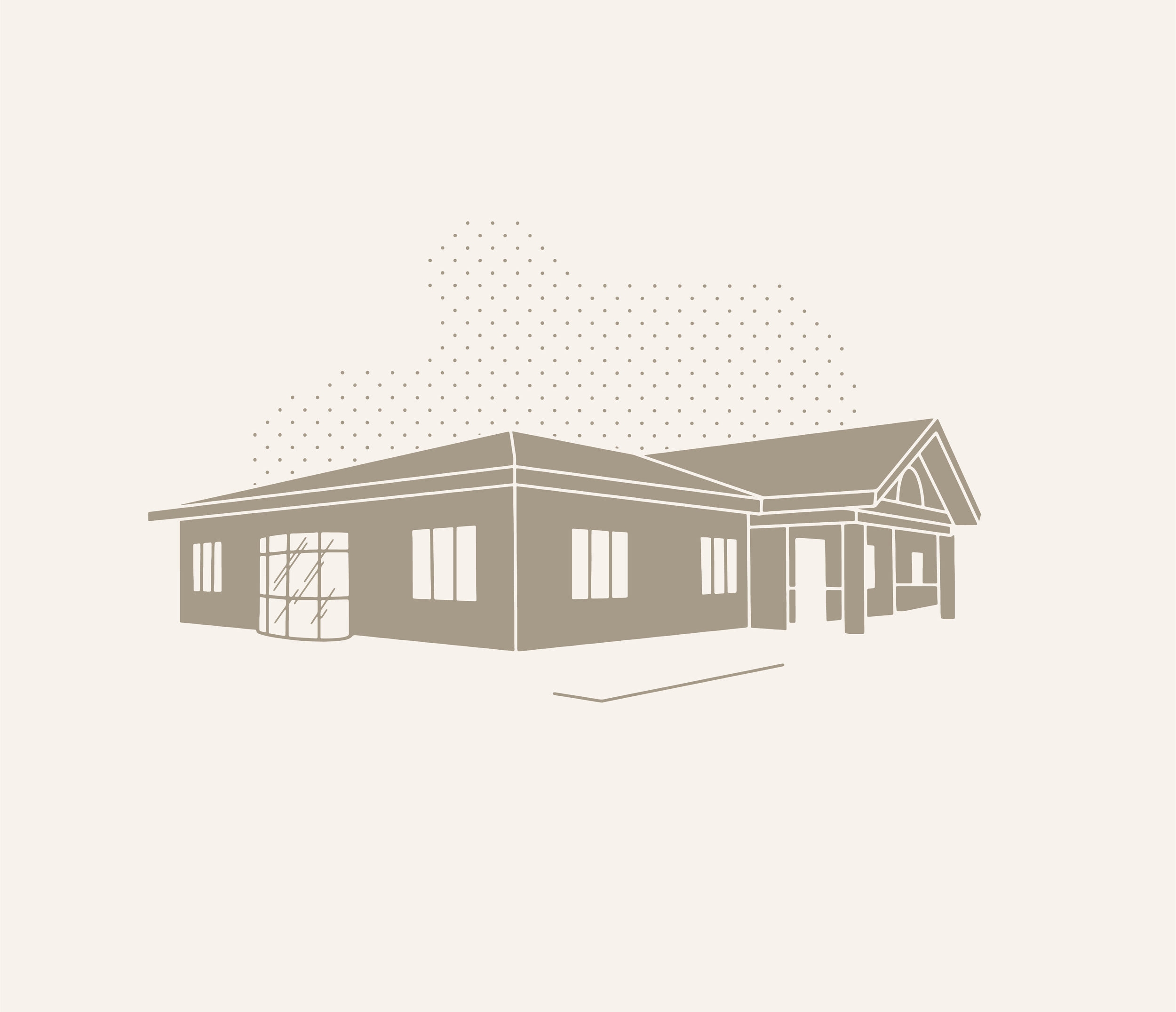 Illustration of a house with large windows, a gabled roof, and a porch, drawn in a minimalistic, monochrome style.