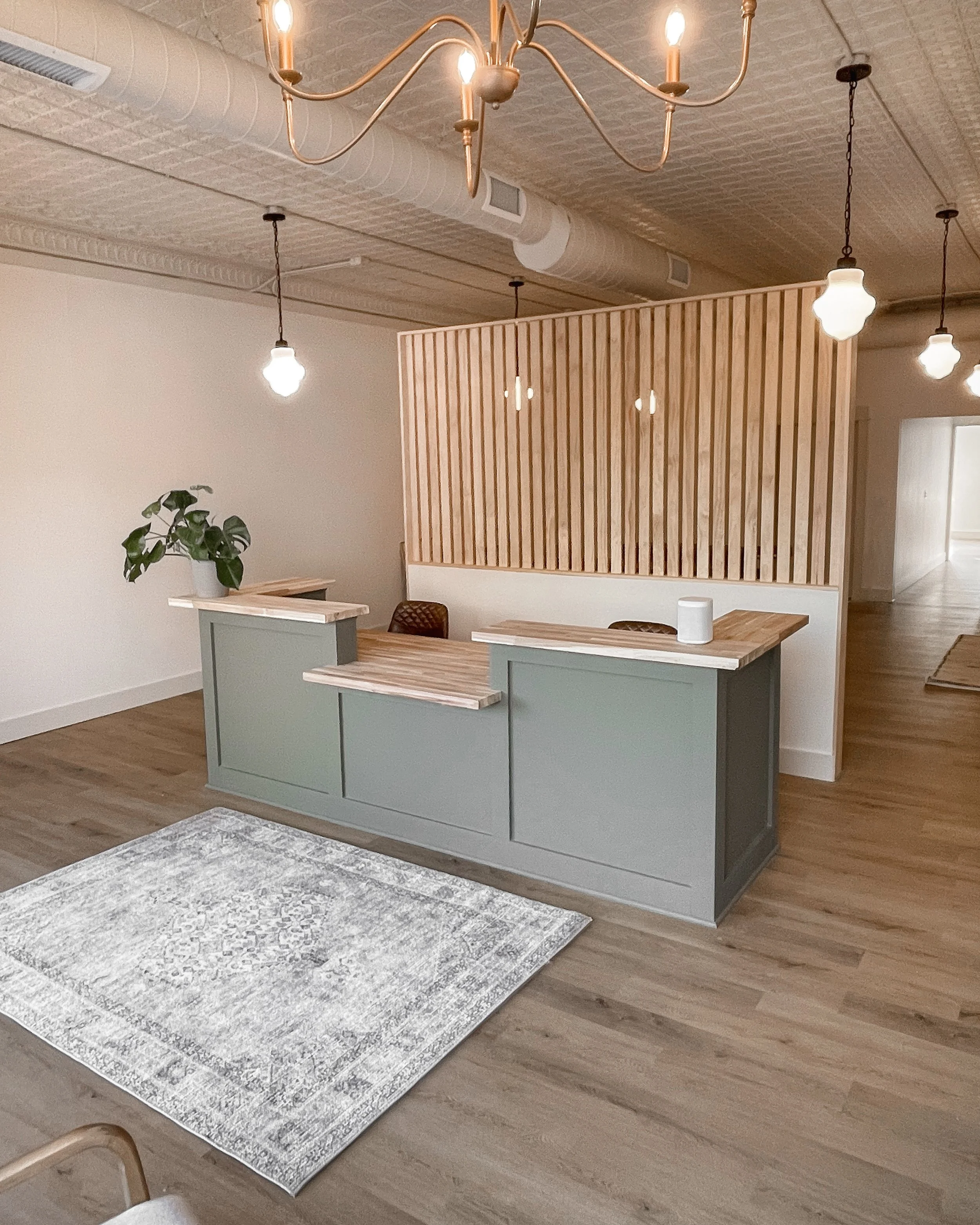 Interior of a modern room with a large white and gray patterned rug, a pastel green kitchen island, a potted plant on a small table, wooden flooring, and warm lighting fixtures including a chandelier and hanging lights.