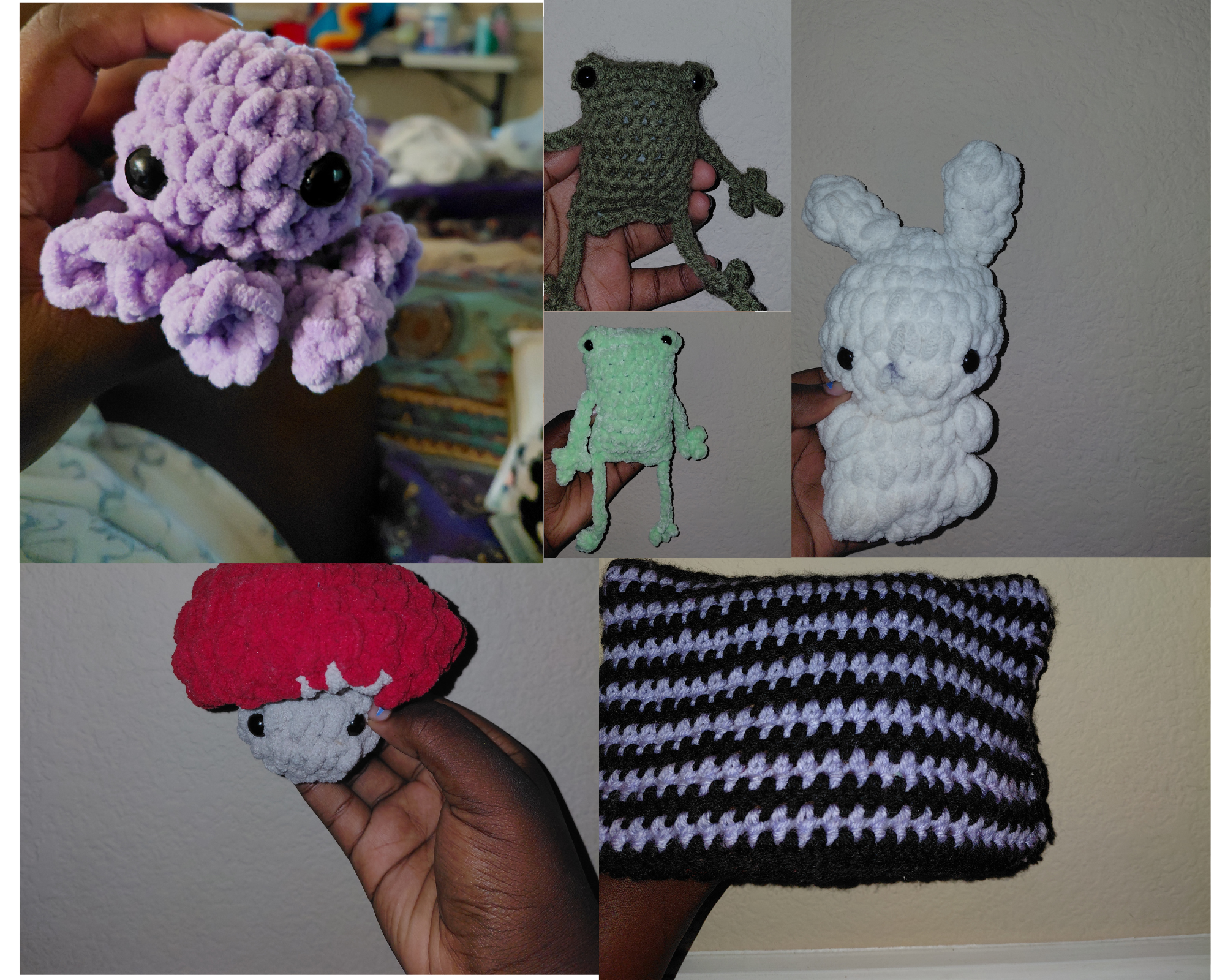 Collage of handmade plush toys and crochet projects, including a purple octopus, a green frog, a white bunny, a red mushroom, and a striped blanket.