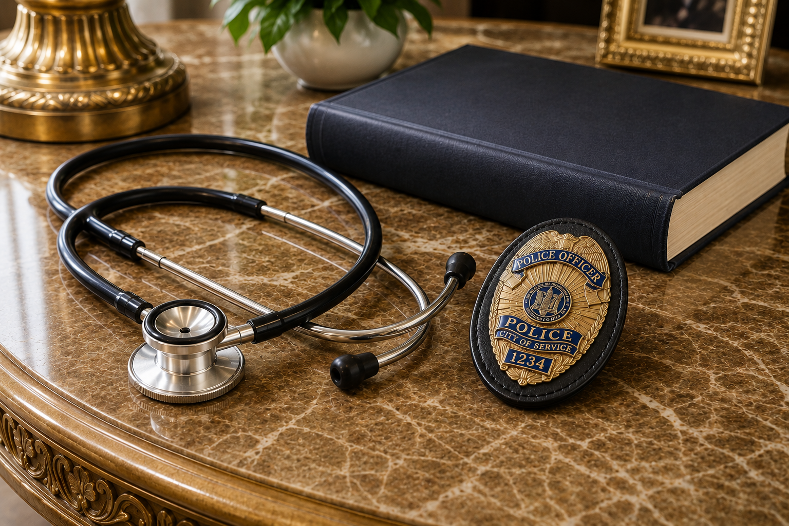 A stethoscope, police badge, large book, and decorative framed photograph sit on a marble desk.