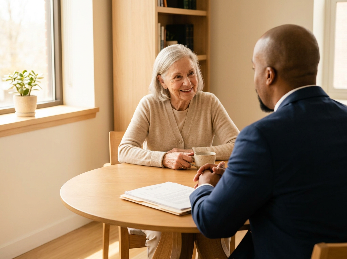 An elderly woman and a man having a conversation at a round wooden table in a well-lit room, with the woman smiling and holding a mug, while the man sits on the opposite side with documents in front of him.