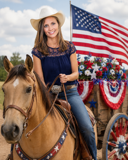 A woman wearing a white cowboy hat and a blue lace top, smiling while riding a tan horse with a decorated saddle, in front of an American flag and patriotic decorations on a parade float.