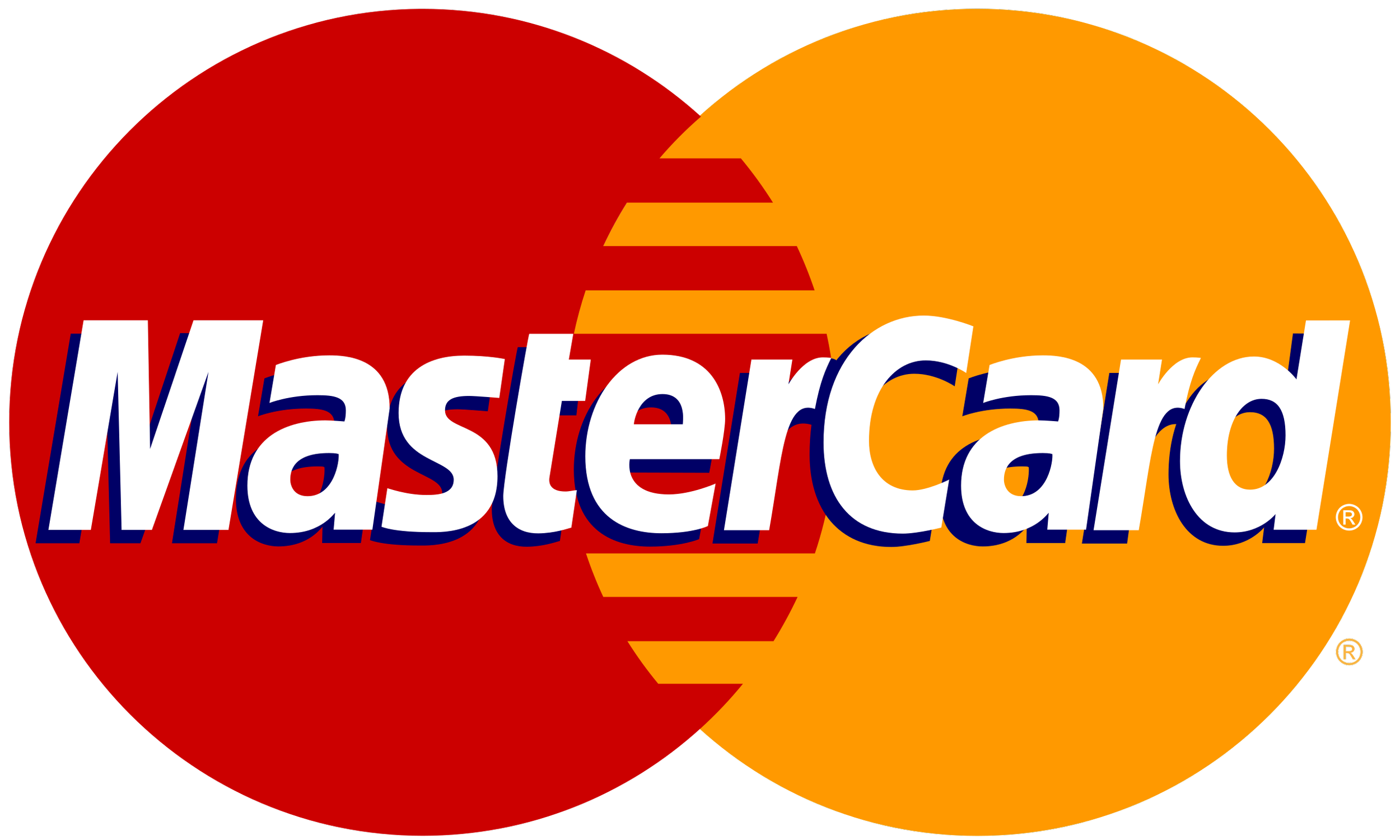 Mastercard logo with overlapping red and orange circles and the word 'Mastercard' in white and blue letters.