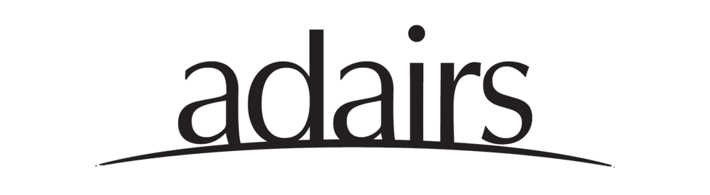 Logo of adairs with stylized wordmark in black text.