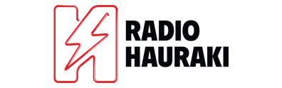 Logo of Radio Hauraki with a red lightning bolt inside a red outlined square