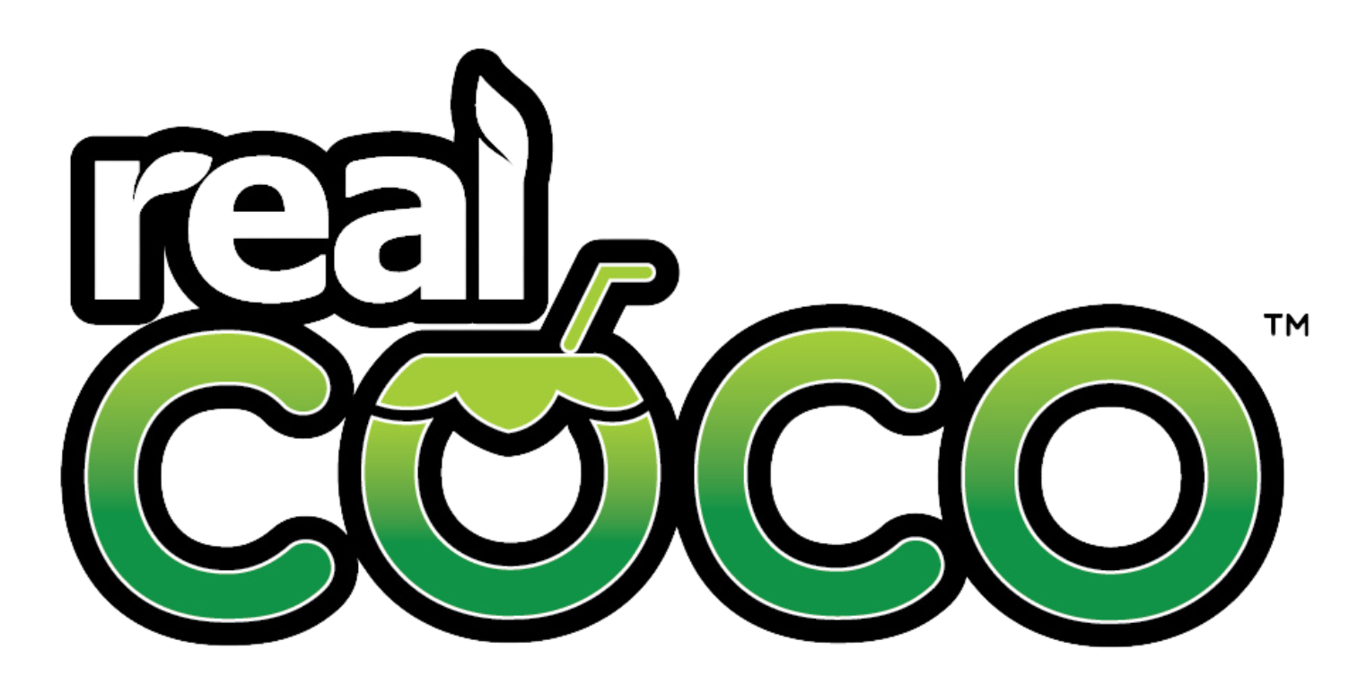 Logo of realcoconut with green and black text and a coconut illustration