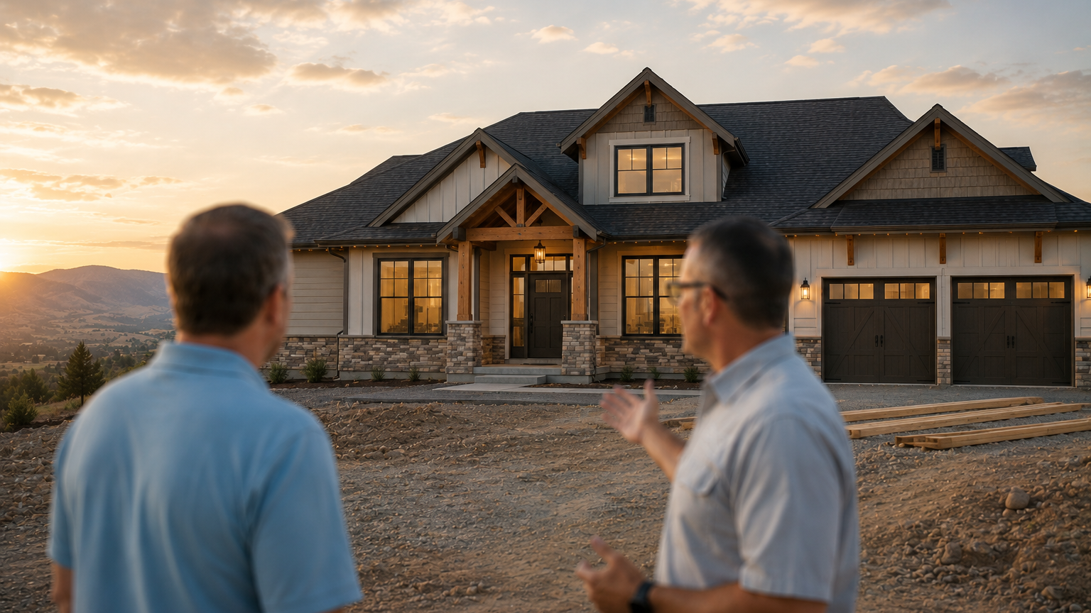 Two men talking in front of a house during sunset, with a mountainous landscape in the background.
